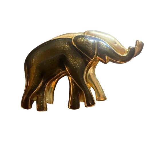 Double Lucky Elephant Vintage Brooch Gray Black Gold Tone Elegant Unique - Picture 2 of 6